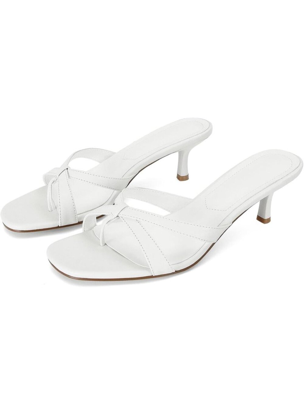 Women's White Rounded Open-Toe Strappy Kitten Mule Heel Thong Flip-Flop Sandal